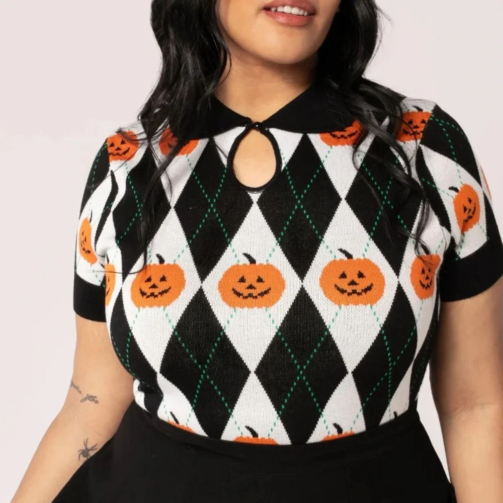 Hell Bunny Black and Orange Pumpkin Argyle Top - Picture 2 of 4